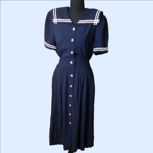Vintage Miss Dorby Petite Navy Blue Button-Up Dress, 12P